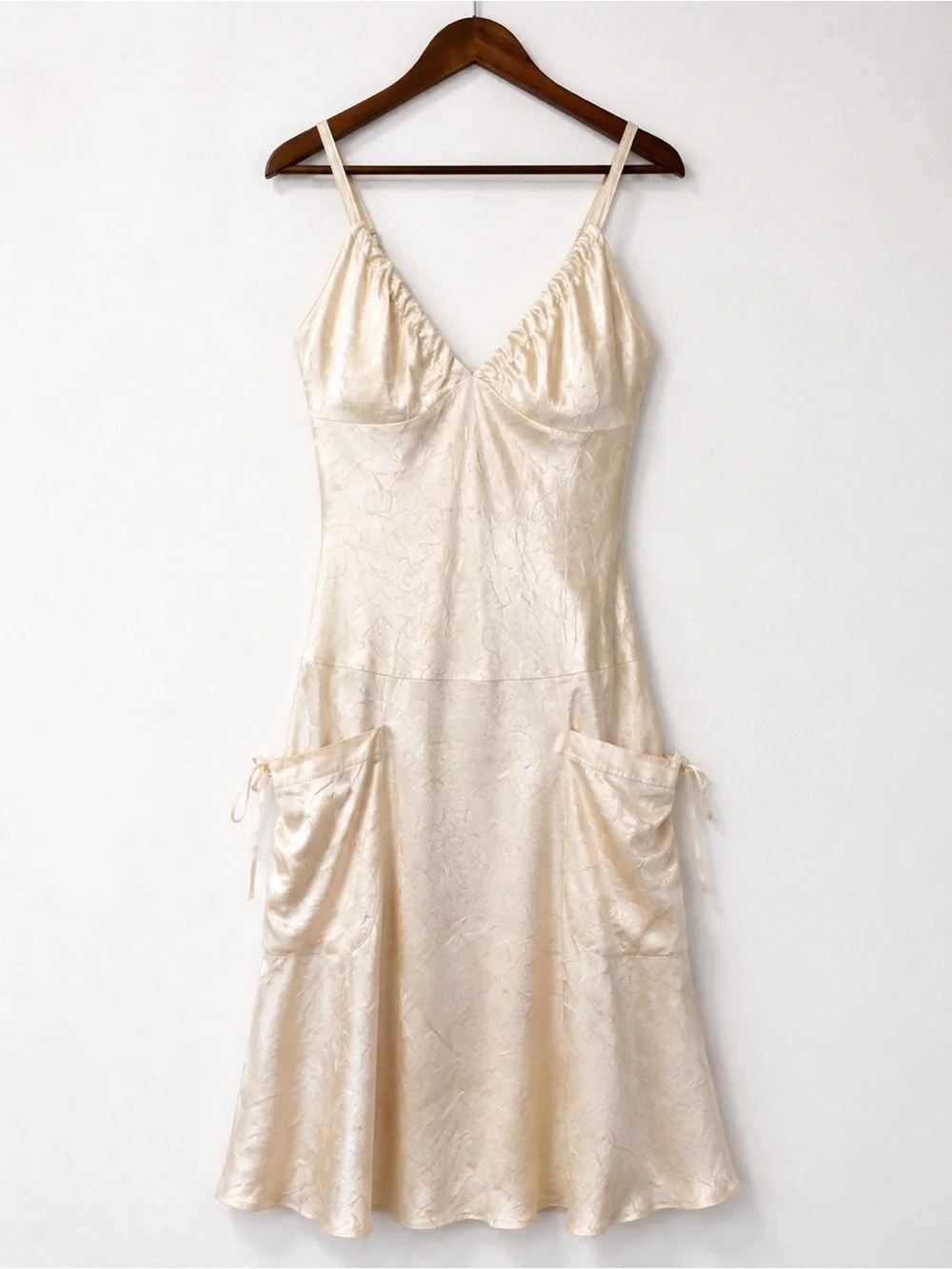 Romantic Coquette Fairycore Satin Midi Dress Champagne Gold Pockets US 8 - Picture 2 of 8